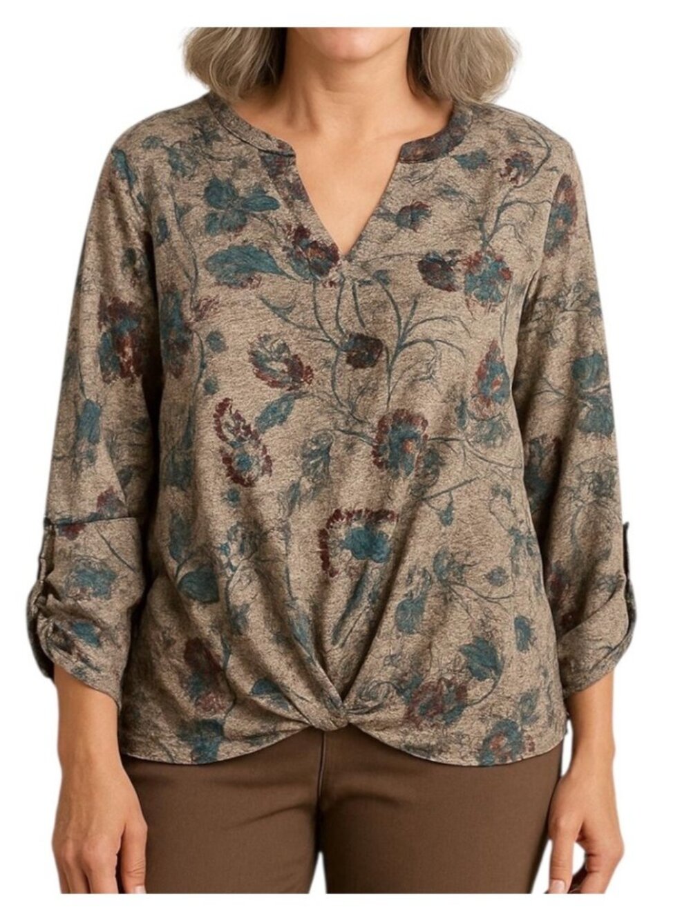 Song n Spirit Floral Hi Lo Top~Size XL~Multi Fall Color Roll Tab Sleeves L3 15